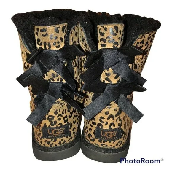 UGG Bailey Bow Womens Leopard/Cheetah Print Shearling Lined Boots Size 4 - Picture 4 of 9